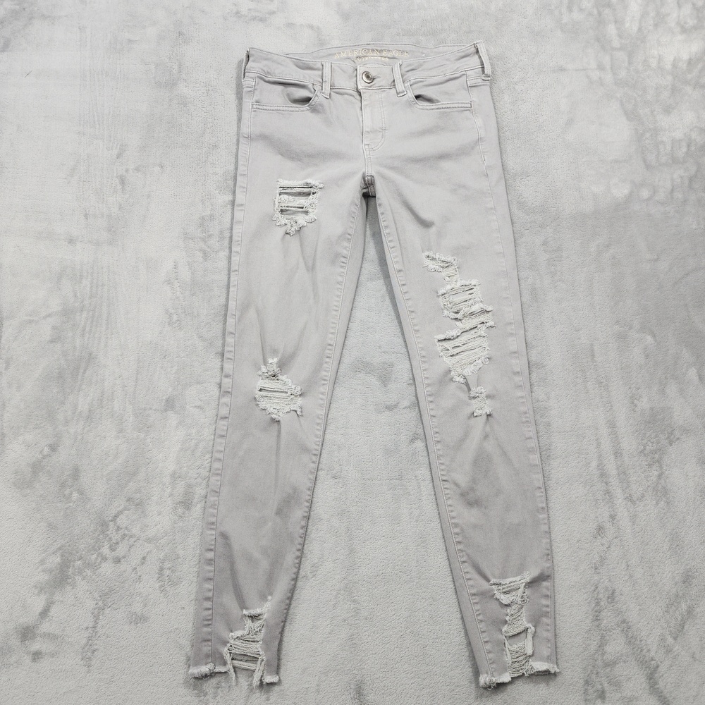 American Eagle Jeans Womens 8 LONG Gray Mid Rise Jegging Distressed Stretch
